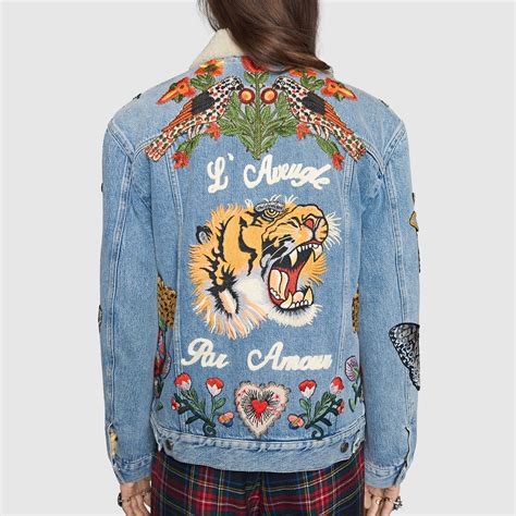 gucci tiger jacket nylon|gucci denim jacket with embroideries.